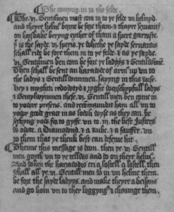 Black and white image of M775 folio 4 recto, "Abilment for a Joust of the Peace" ca 1450, Middle English